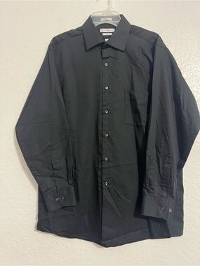 Van Heusen Dress Shirt Mens Large 16 -32/33 Black Lux Sateen Regular Fit #605